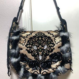 Sharif Embellished Gold and Black Leather Shoulder Bag